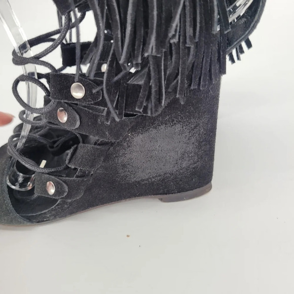 FREE People fringe stud suede wedge heels black shoes 39 US 9 - Picture 15 of 15